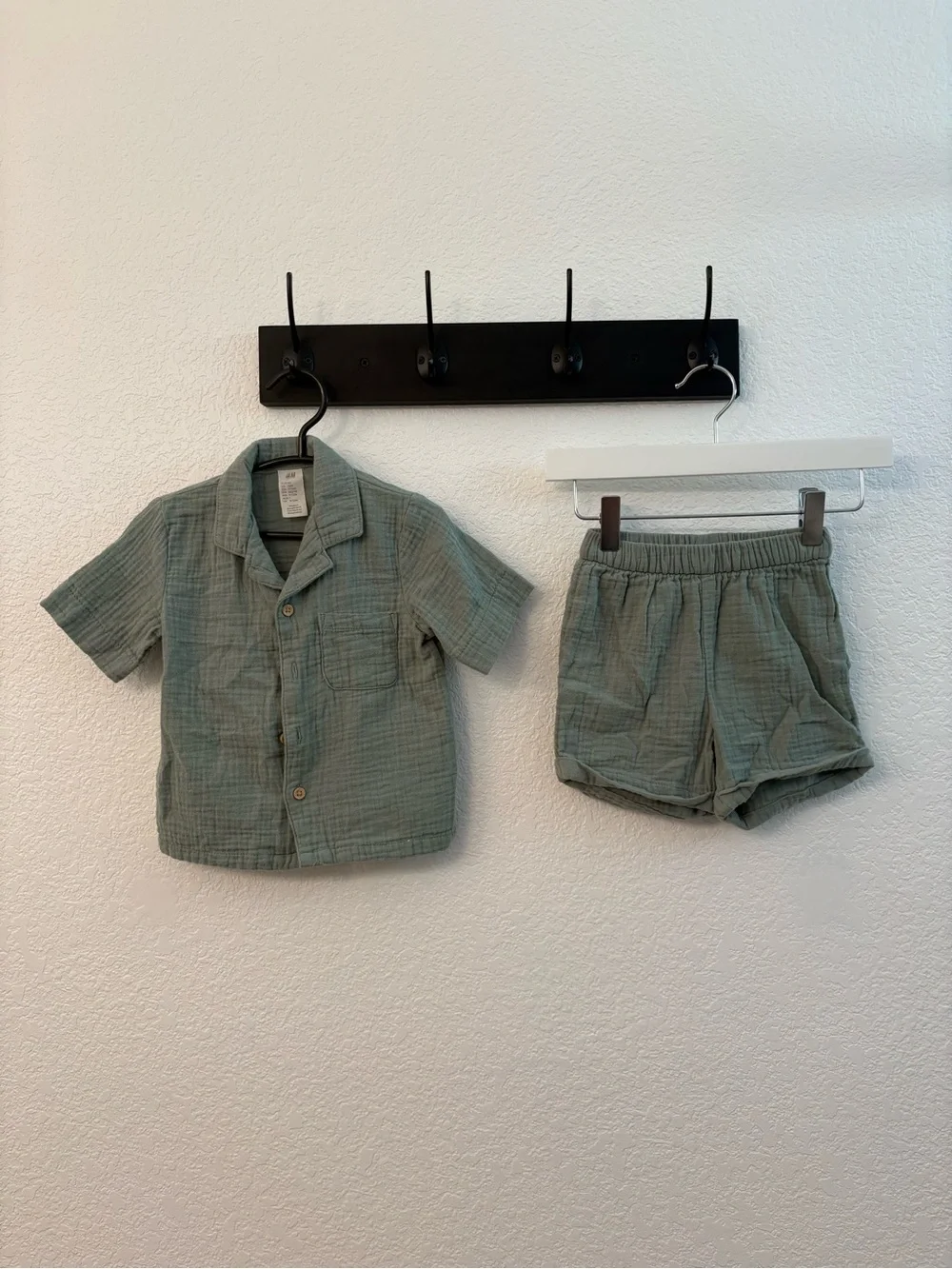 H&M Green Gauze Button-Up Shirt and Shorts Set